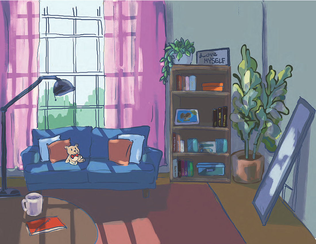 VESTA self-care healing room illustration of a sunny living room