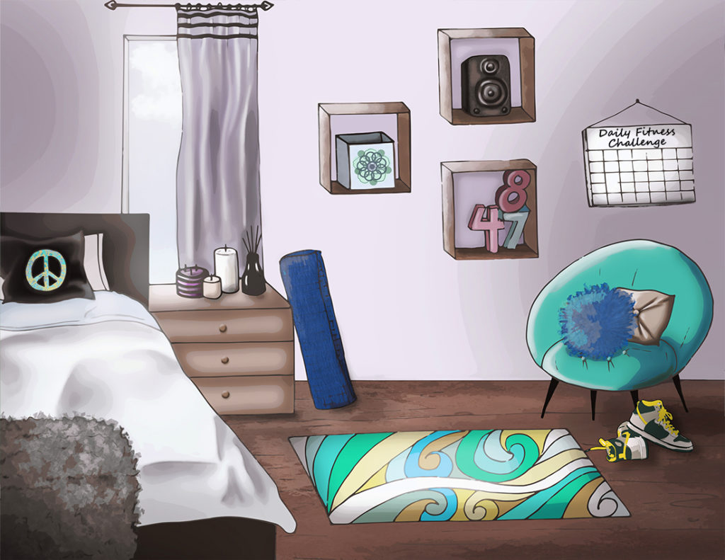 Digital illustration of a bedroom and yoga space