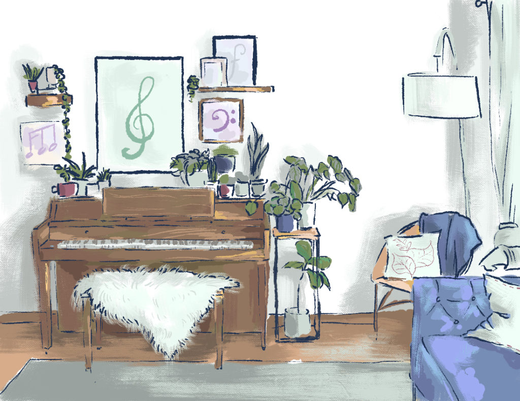Digital illustration of a living room with a piano