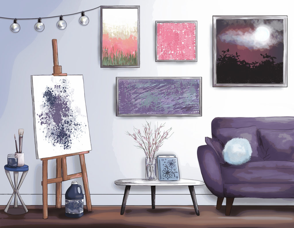 Digital illustration of a living room with paintings and a canvas